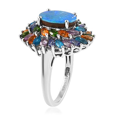 Boulder Opal Triplet and Multi Gemstone Cocktail Ring in Platinum Over Sterling Silver (Size 10.0) 5.00 ctw
