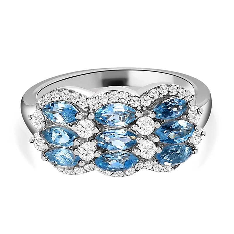 Santa Maria Aquamarine and White Zircon 2.32 ctw Ring in Platinum Over Sterling Silver (Size 9.0)