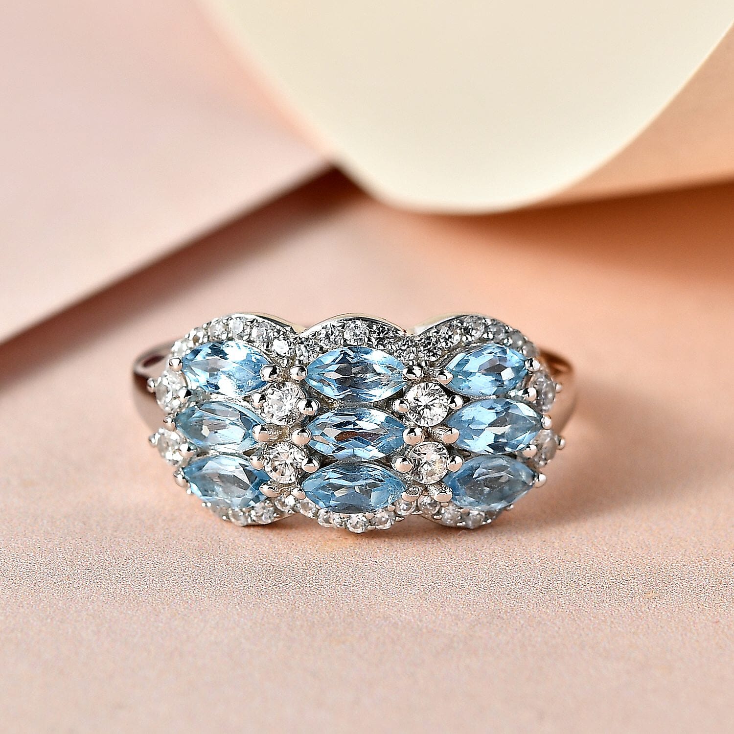 Santa Maria Aquamarine and White Zircon 2.32 ctw Ring in Platinum Over Sterling Silver (Size 9.0)