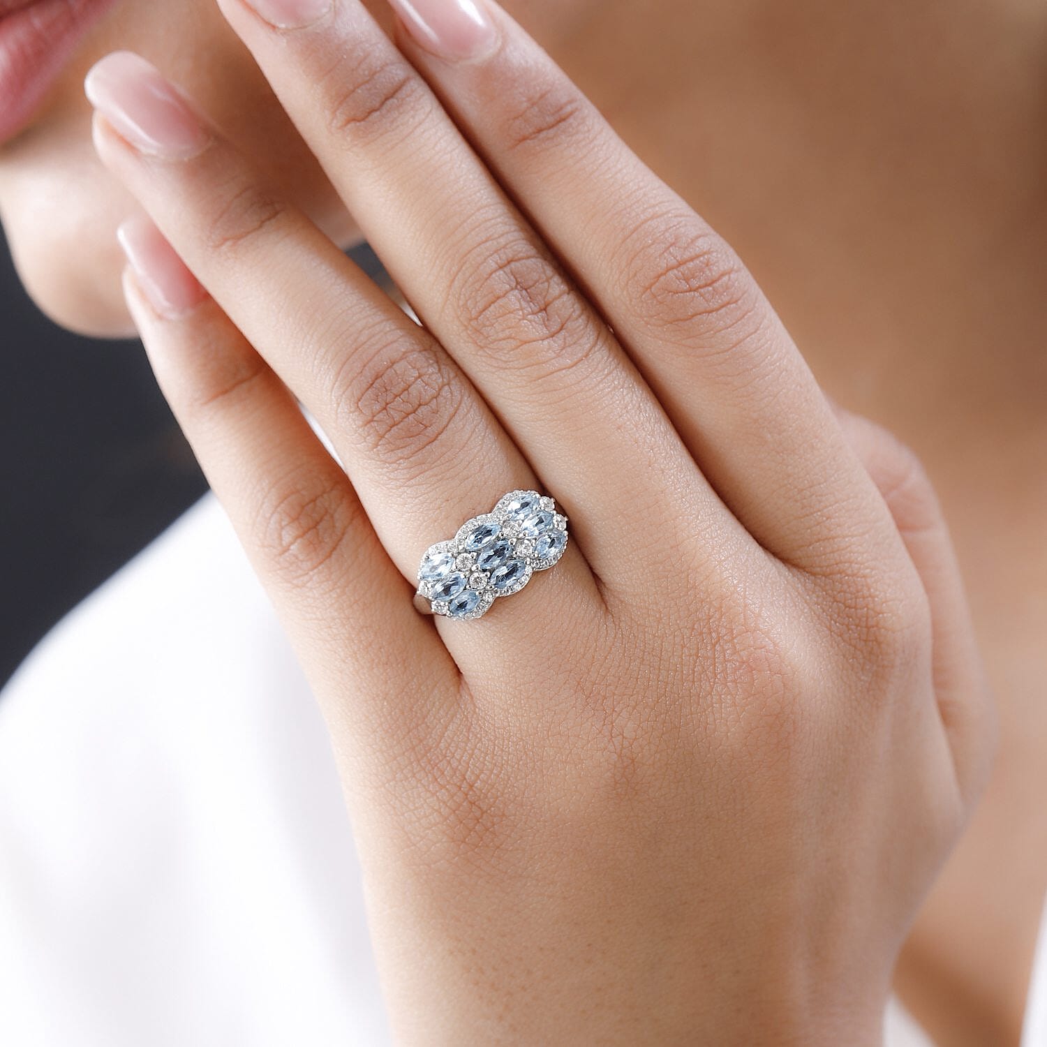 Santa Maria Aquamarine and White Zircon 2.32 ctw Ring in Platinum Over Sterling Silver (Size 9.0)