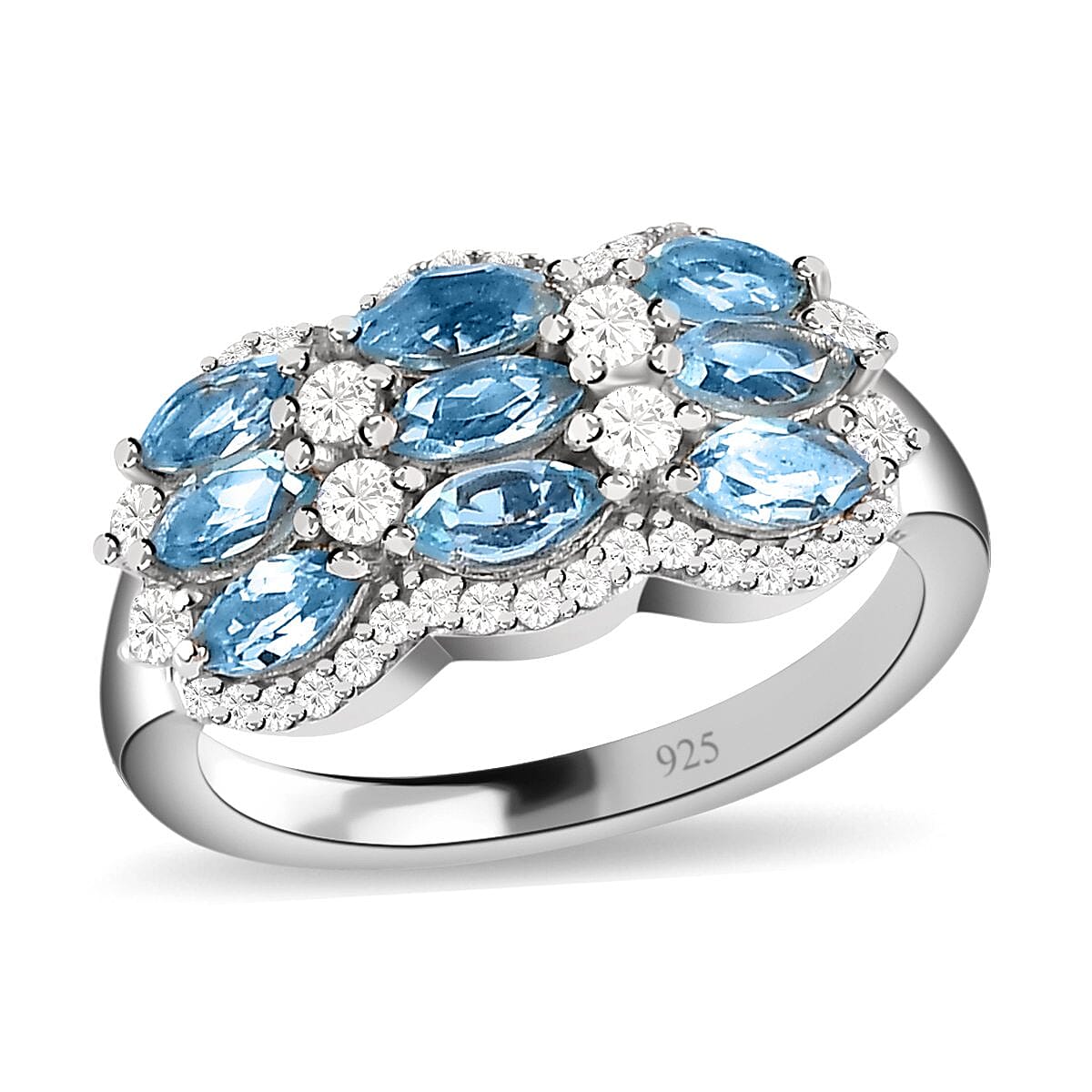 Santa Maria Aquamarine and White Zircon 2.32 ctw Ring in Platinum Over Sterling Silver (Size 9.0)