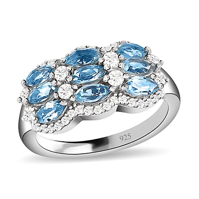 Santa Maria Aquamarine and White Zircon 2.32 ctw Ring in Platinum Over Sterling Silver (Size 9.0)