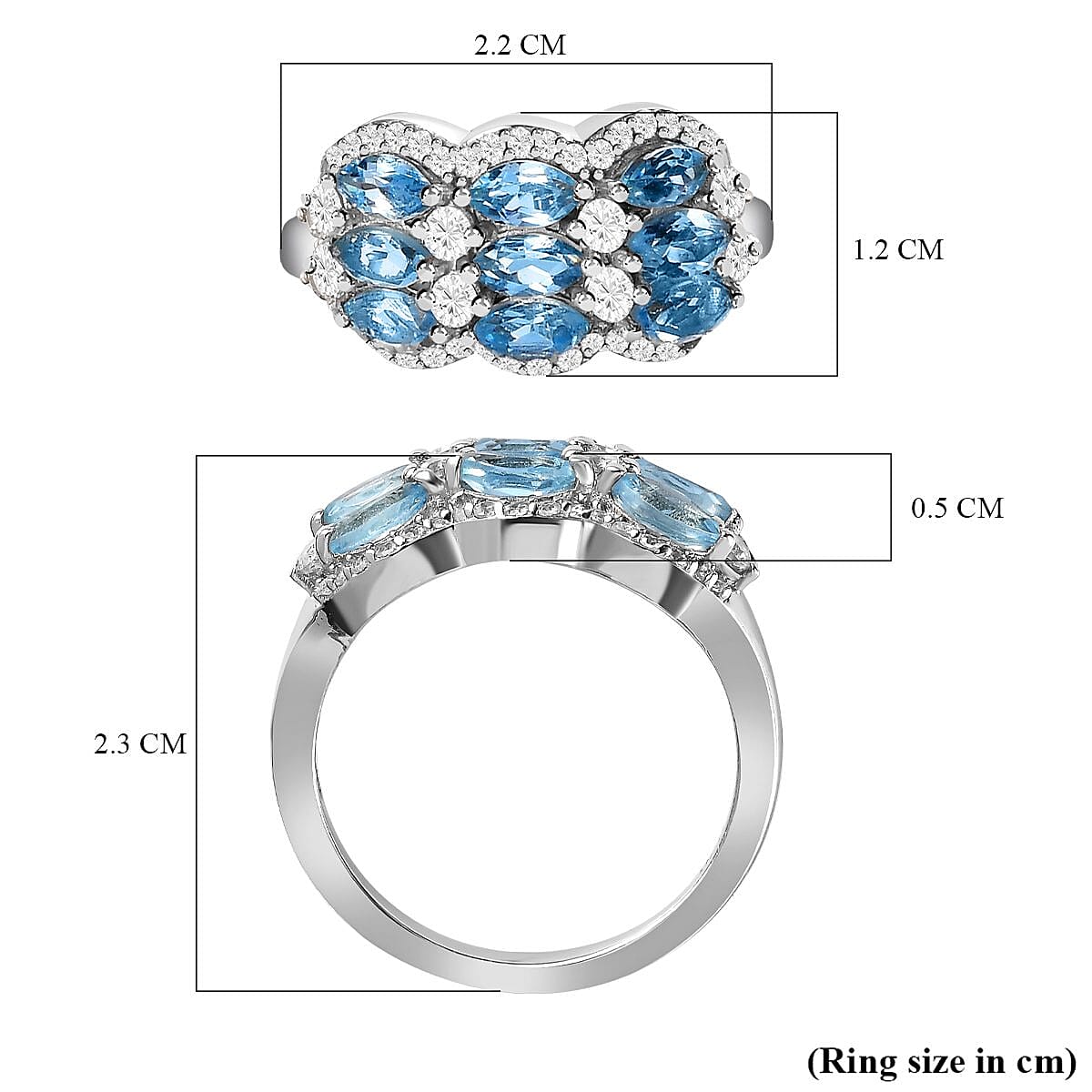 Santa Maria Aquamarine and White Zircon 2.32 ctw Ring in Platinum Over Sterling Silver (Size 9.0)