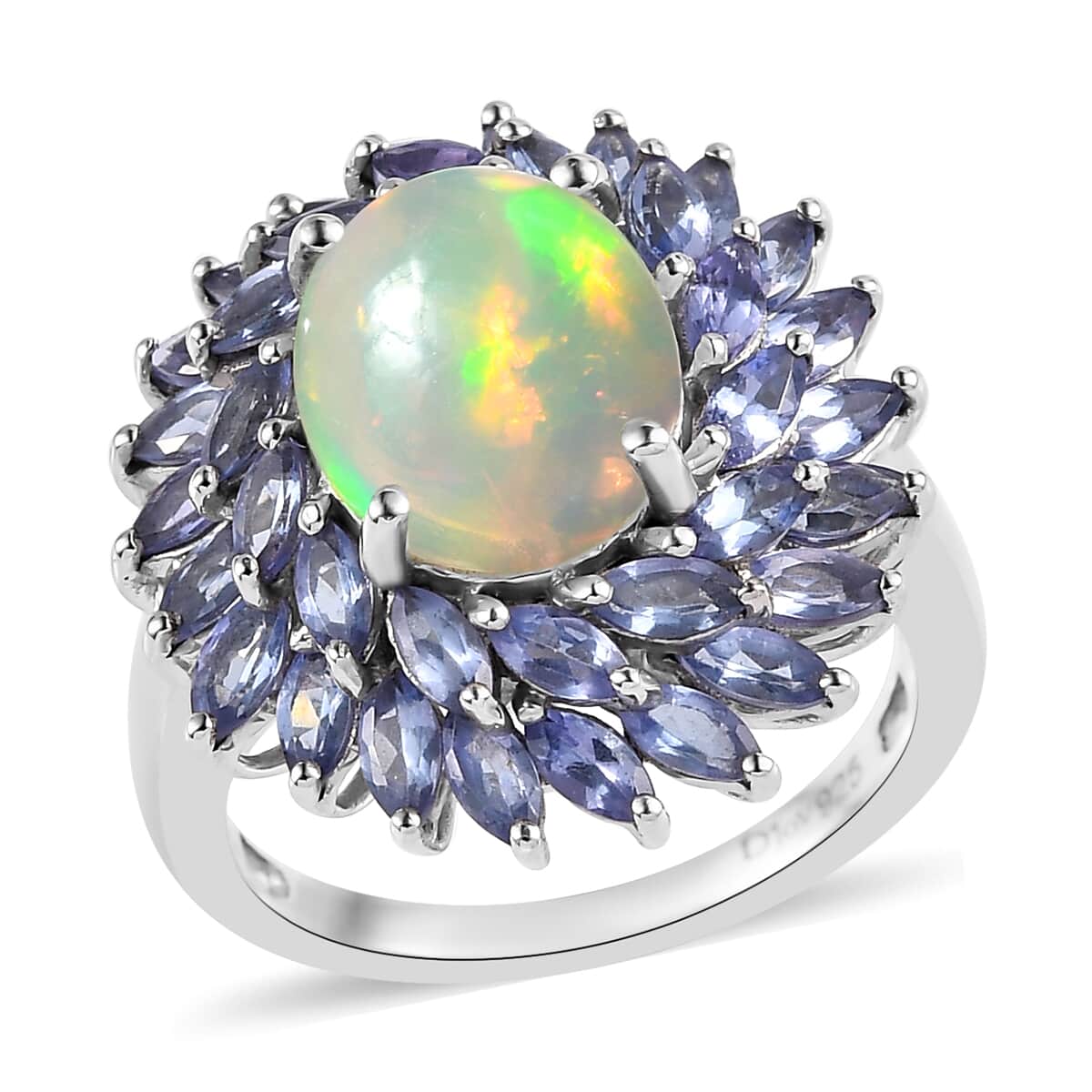 Opal and Tanzanite Ring - Platinum Over good Sterling Silver - Opal Ring