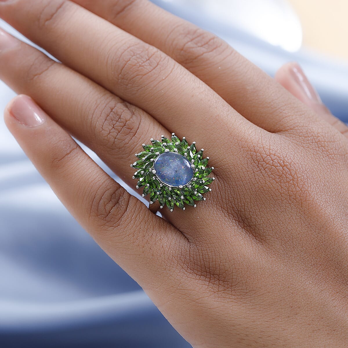 Premium Canadian Ammolite and Chrome Diopside Cocktail Ring in Platinum Over Sterling Silver (Size 7.0) 3.35 ctw image number 2