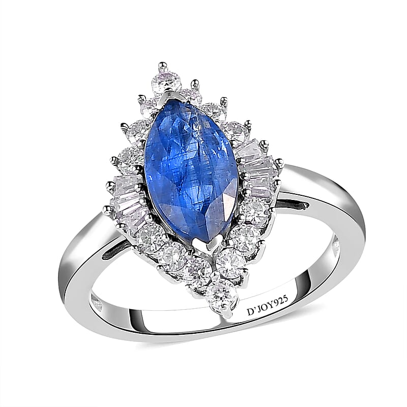 Kashmir Kyanite and Moissanite Halo Ring in Platinum Over Sterling Silver (Size 10.0) 3.25 ctw