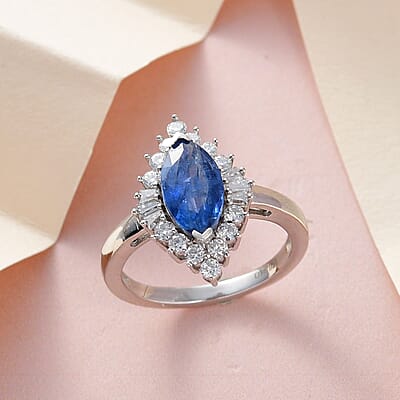Kashmir Kyanite and Moissanite Halo Ring in Platinum Over Sterling Silver (Size 10.0) 3.25 ctw