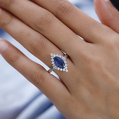 Kashmir Kyanite and Moissanite Halo Ring in Platinum Over Sterling Silver (Size 10.0) 3.25 ctw