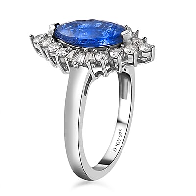 Kashmir Kyanite and Moissanite Halo Ring in Platinum Over Sterling Silver (Size 10.0) 3.25 ctw