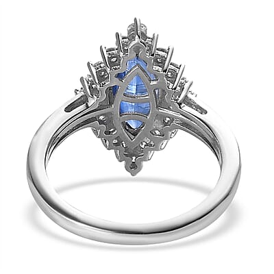Kashmir Kyanite and Moissanite Halo Ring in Platinum Over Sterling Silver (Size 10.0) 3.25 ctw
