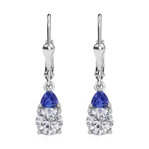 Moissanite and Tanzanite Lever Back Earrings in Platinum Over Sterling Silver 2.00 ctw
