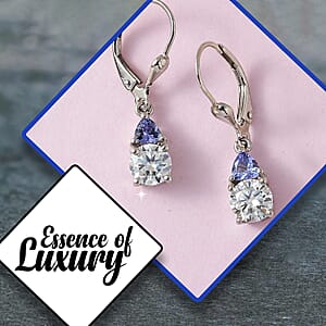 D'Joy Moissanite and Tanzanite 2.00 ctw Lever Back Earrings in Platinum Over Sterling Silver
