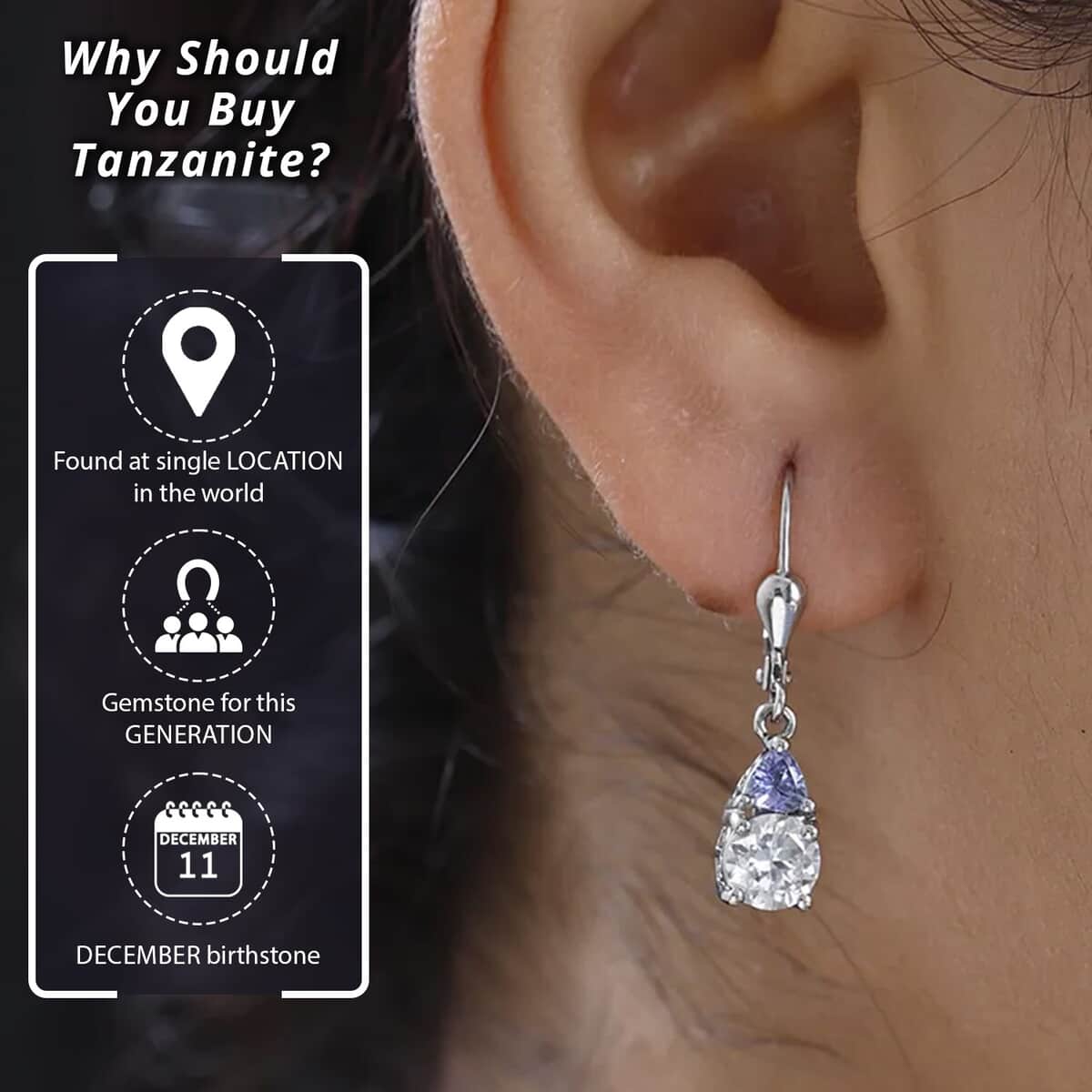 Moissanite and Tanzanite Lever Back Earrings in Platinum Over Sterling Silver 2.00 ctw image number 2