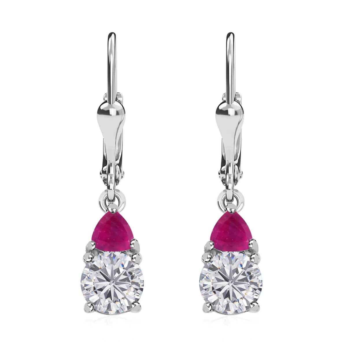 Moissanite and Niassa Ruby (FF) 2.15 ctw Lever Back Earrings in Platinum Over Sterling Silver image number 0