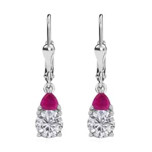 Moissanite and Niassa Ruby (FF) 2.15 ctw Lever Back Earrings in Platinum Over Sterling Silver