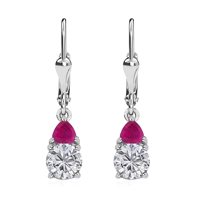 D'Joy Moissanite and Niassa Ruby (FF) 2.15 ctw Lever Back Earrings in Platinum Over Sterling Silver