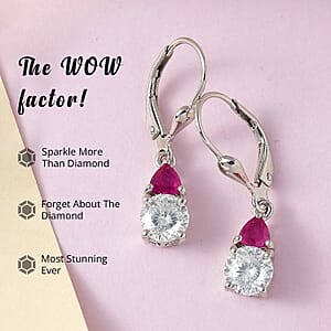 D'Joy Moissanite and Niassa Ruby (FF) 2.15 ctw Lever Back Earrings in Platinum Over Sterling Silver