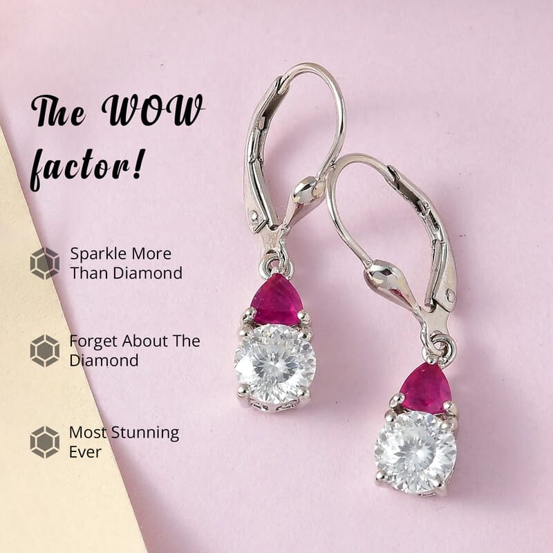 D'Joy Moissanite and Niassa Ruby (FF) 2.15 ctw Lever Back Earrings in Platinum Over Sterling Silver