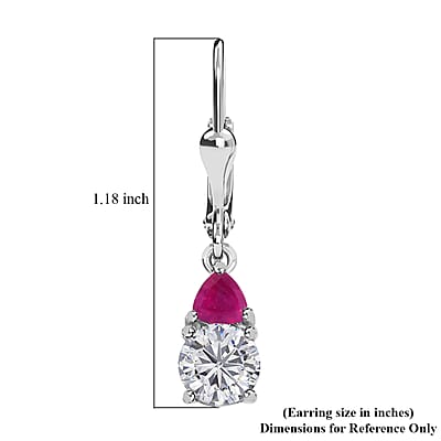 D'Joy Moissanite and Niassa Ruby (FF) 2.15 ctw Lever Back Earrings in Platinum Over Sterling Silver