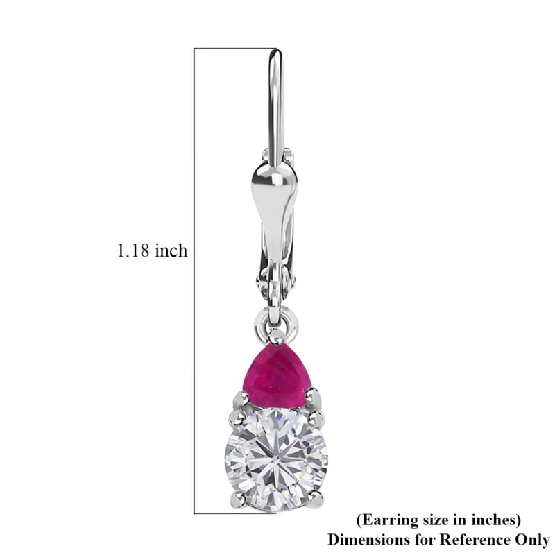 D'Joy Moissanite and Niassa Ruby (FF) 2.15 ctw Lever Back Earrings in Platinum Over Sterling Silver
