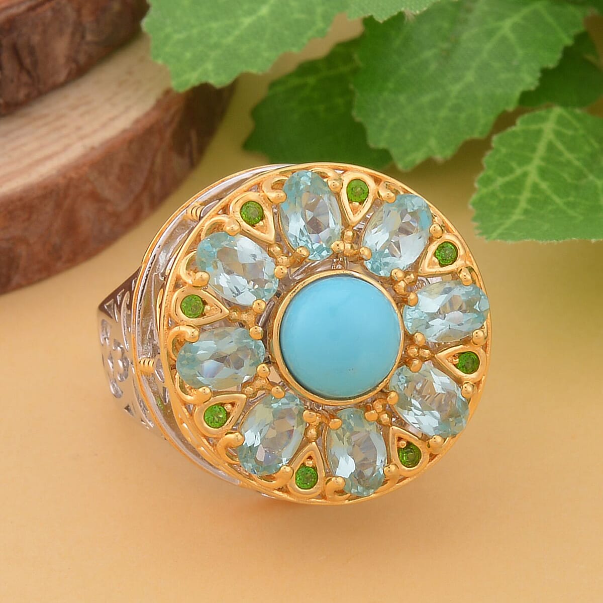 American Natural Sleeping Beauty Turquoise and Multi Gemstone Carousel Ring in Vermeil Yellow Gold and Platinum Over Sterling Silver 11.65 Grams 5.75 ctw image number 1