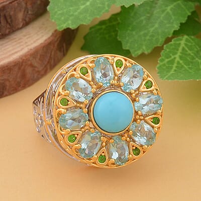 Sleeping Beauty Turquoise and Multi Gemstone Carousel Ring in Vermeil Yellow Gold and Platinum Over Sterling Silver (Size 10.0) 11.65 Grams 5.75 ctw