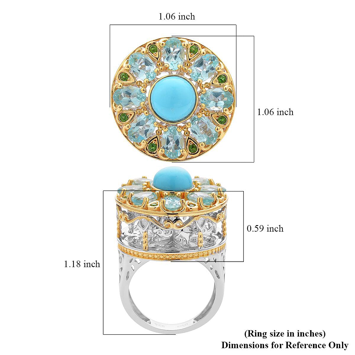 American Natural Sleeping Beauty Turquoise and Multi Gemstone Carousel Ring in Vermeil Yellow Gold and Platinum Over Sterling Silver 11.65 Grams 5.75 ctw image number 5