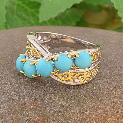Sleeping Beauty Turquoise Crossover Ring in Vermeil Yellow Gold and Platinum Over Sterling Silver (Size 10.0) 2.50 ctw