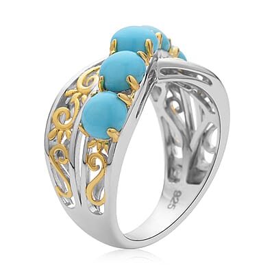 Sleeping Beauty Turquoise Crossover Ring in Vermeil Yellow Gold and Platinum Over Sterling Silver (Size 10.0) 2.50 ctw