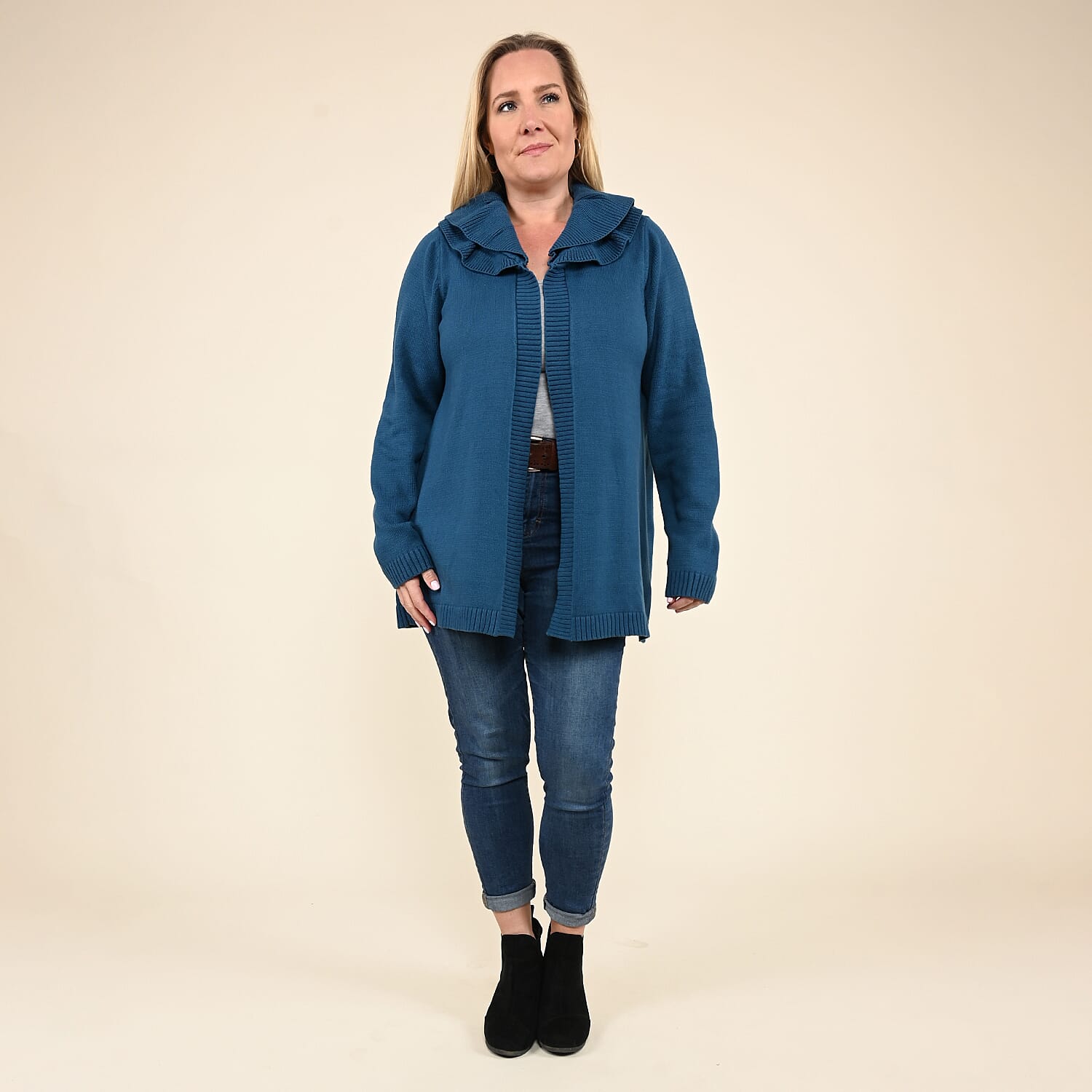 Tamsy Blue Heavy Knit Cardign with Frill Neck