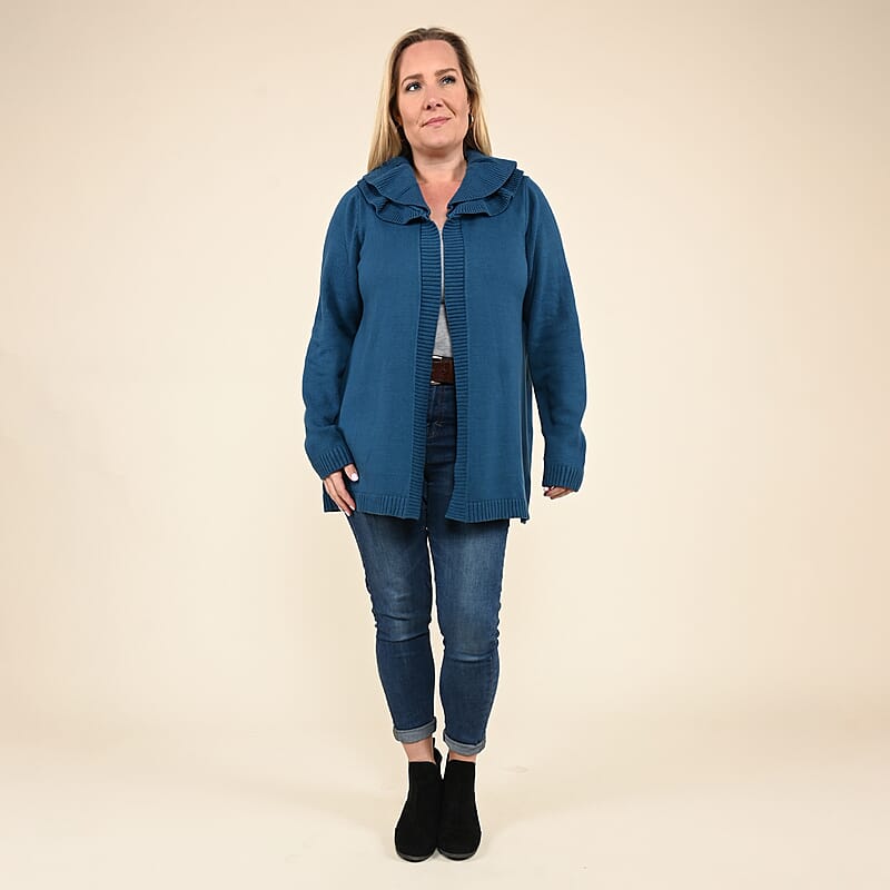 Tamsy Blue Heavy Knit Cardign with Frill Neck