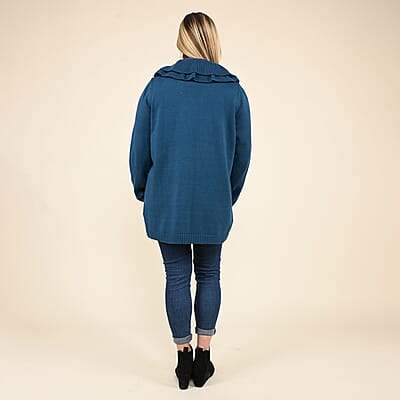 Tamsy Blue Heavy Knit Cardign with Frill Neck