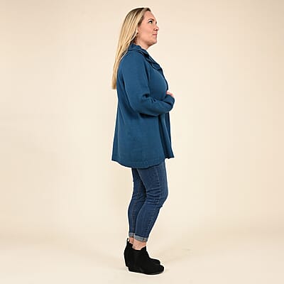 Tamsy Blue Heavy Knit Cardign with Frill Neck