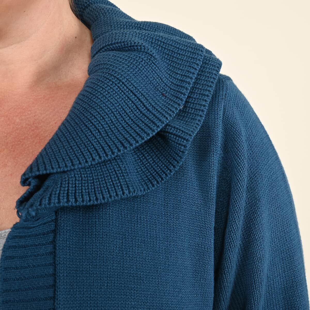 Tamsy Blue Heavy Knit Cardign with Frill Neck image number 3