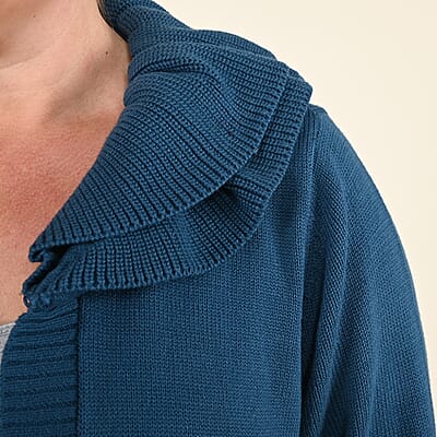 Tamsy Blue Heavy Knit Cardign with Frill Neck