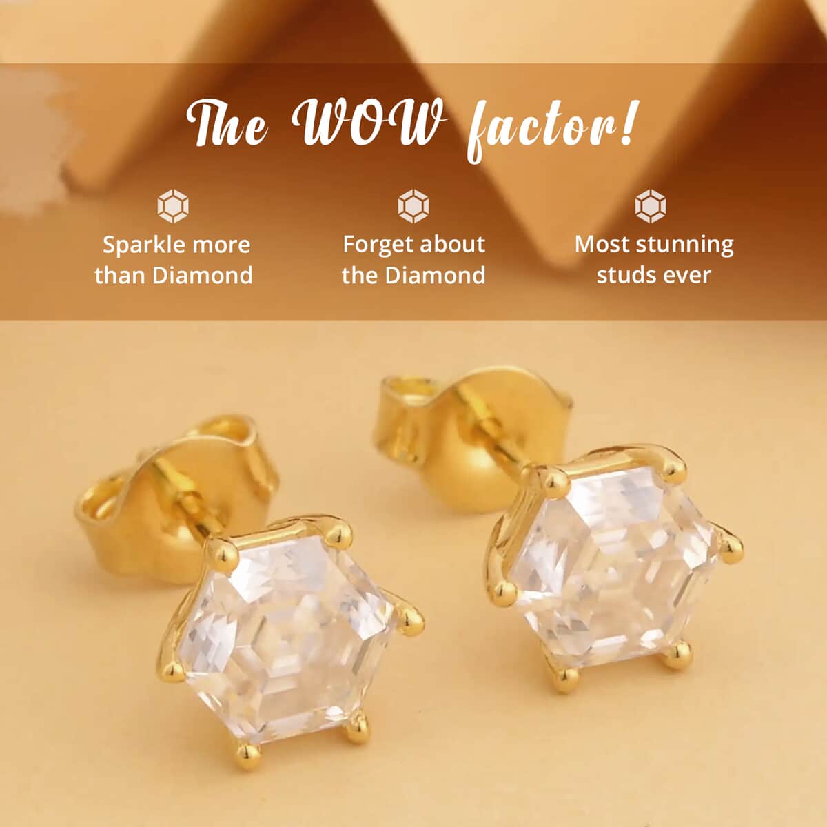 Moissanite Earrings in Vermeil Yellow Gold Over Sterling Silver, Hexagonal Cut Gemstone , Silver Solitaire Earrings, Moissanite Studs 2.15 ctw image number 1