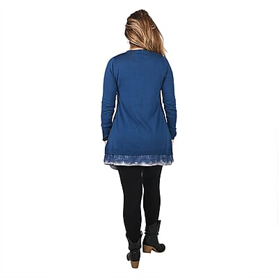 Tamsy Teal Button Down Cardigan with Lace Trim