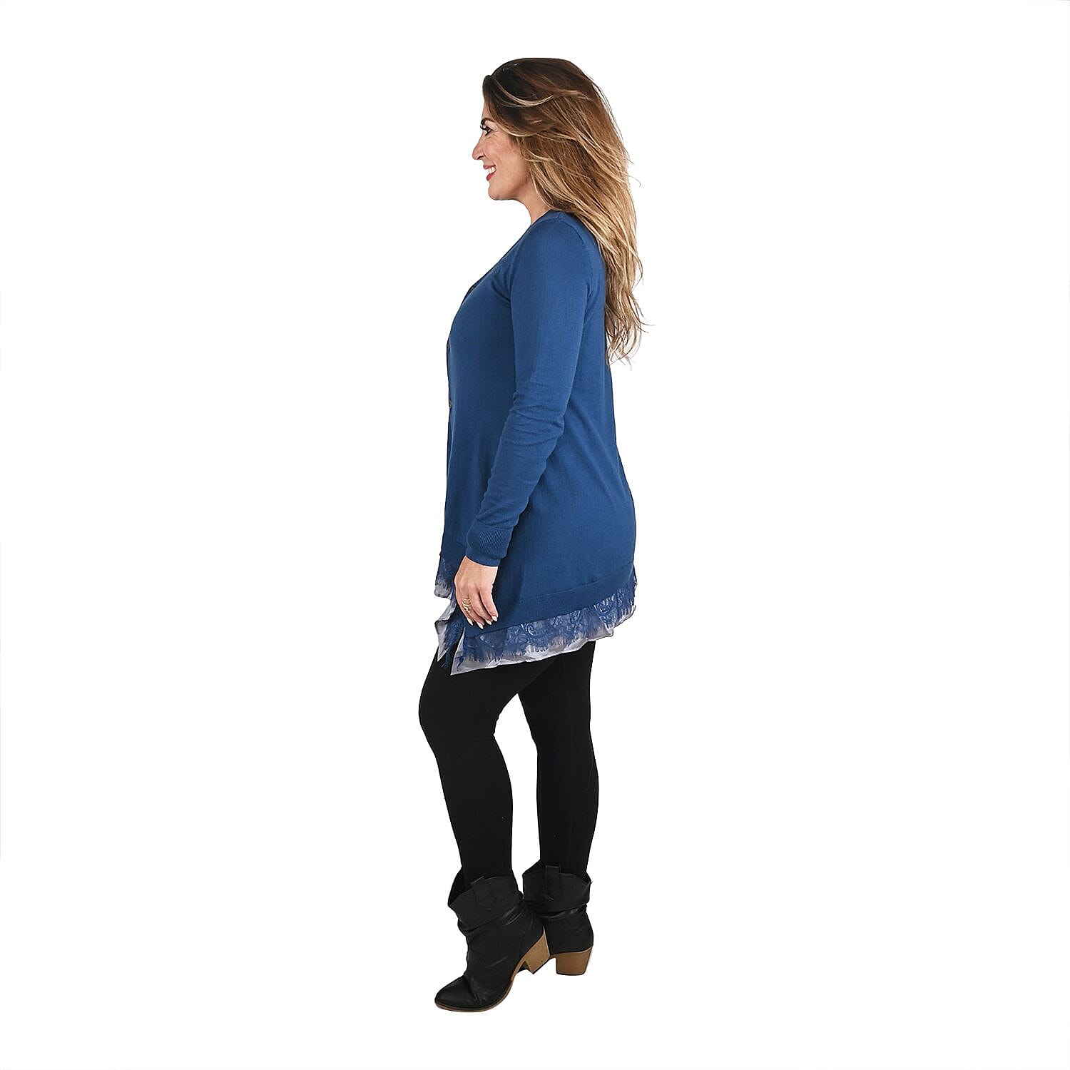 Tamsy Teal Button Down Cardigan with Lace Trim