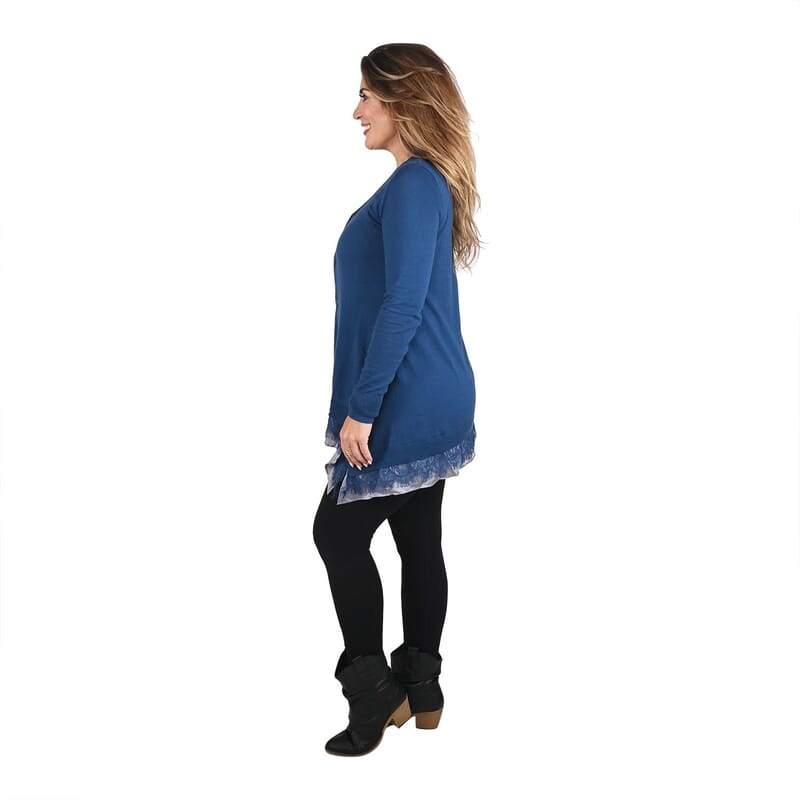 Tamsy Teal Button Down Cardigan with Lace Trim