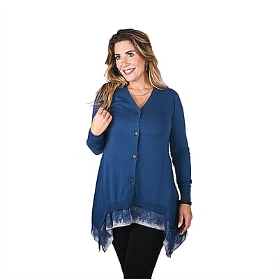 Tamsy Teal Button Down Cardigan with Lace Trim