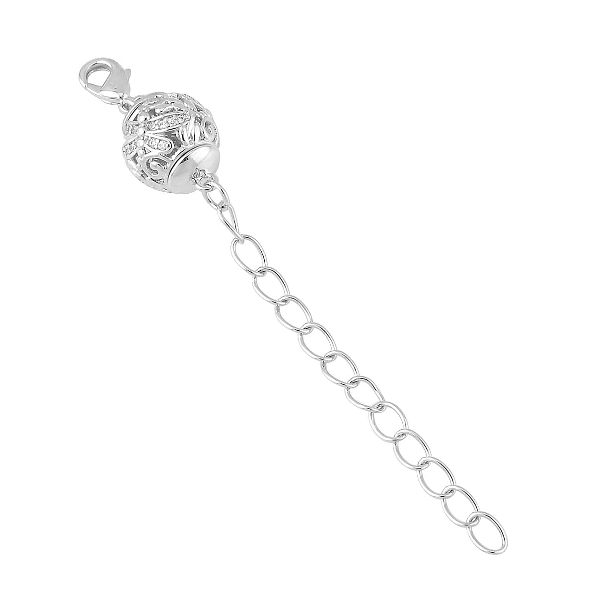 Simulated Diamond 10mm Magnet Lock with 9MM Lobster Lock with 2 Inch Extender Chain in Silvertone 0.20 ctw image number 1