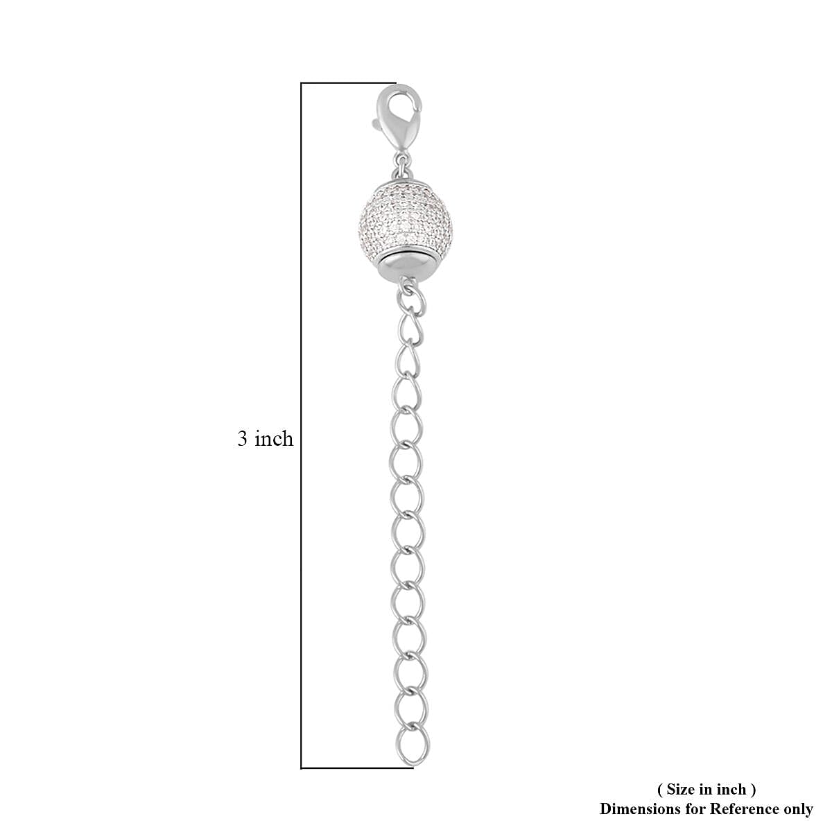 Simulated Diamond 10mm Magnet Lock with 9MM Lobster Lock with 2 Inch Extender Chain in Silvertone 0.60 ctw