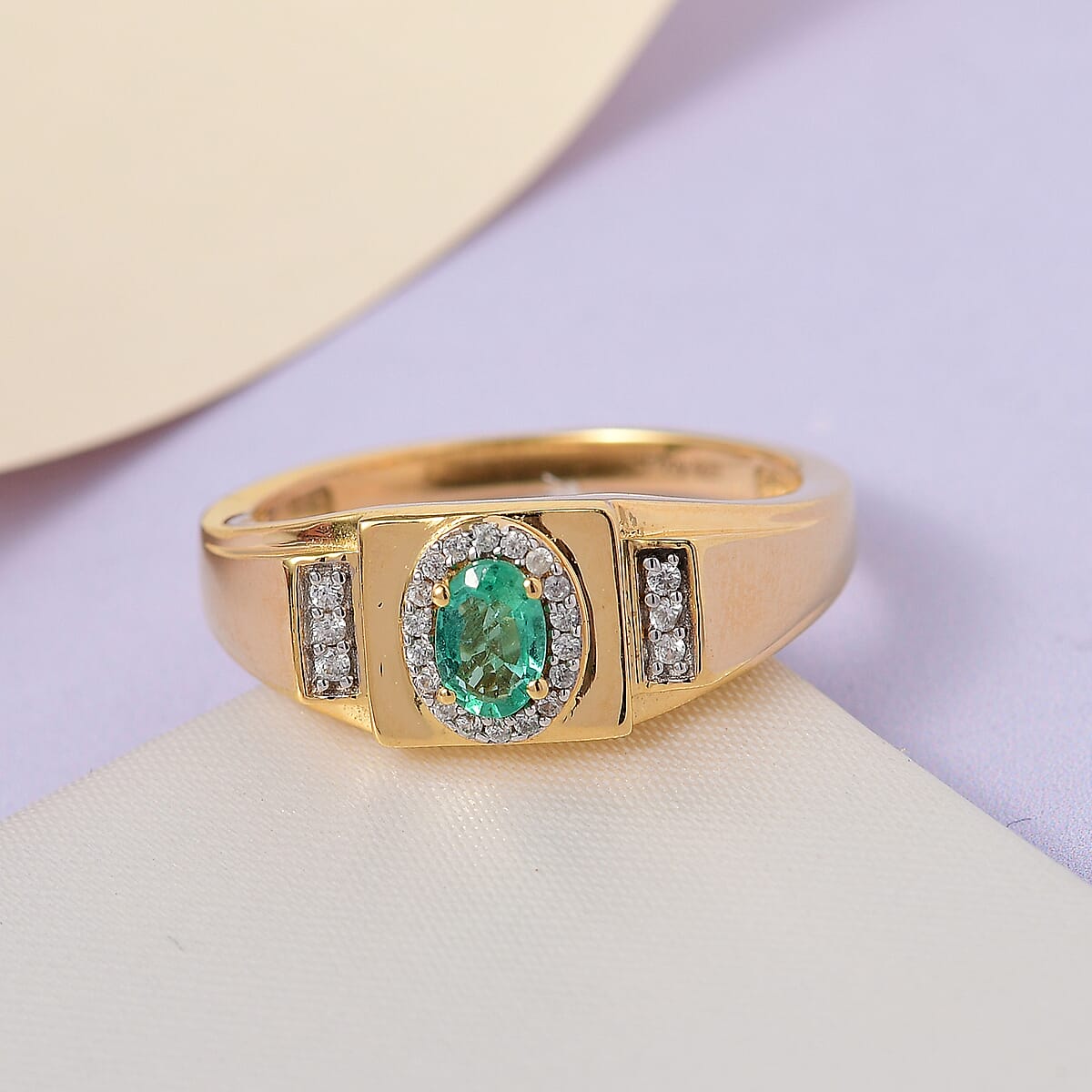 Ethiopian Emerald and Natural White Zircon Men's Ring in Vermeil Yellow Gold Over Sterling Silver 0.75 ctw image number 1