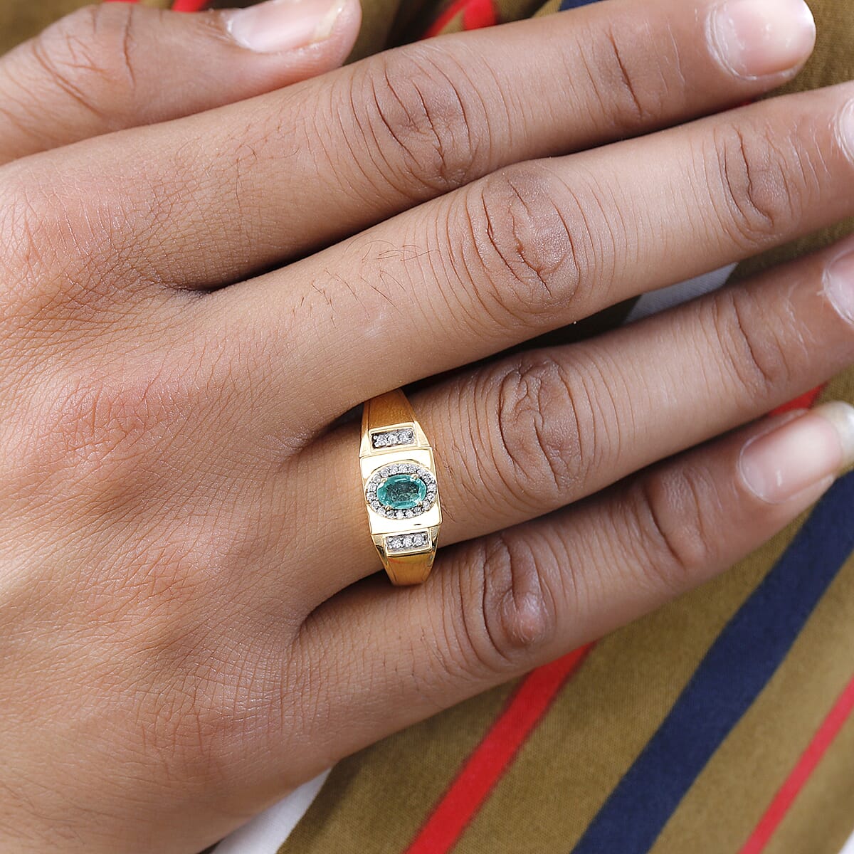 Ethiopian Emerald and Natural White Zircon Men's Ring in Vermeil Yellow Gold Over Sterling Silver 0.75 ctw image number 2