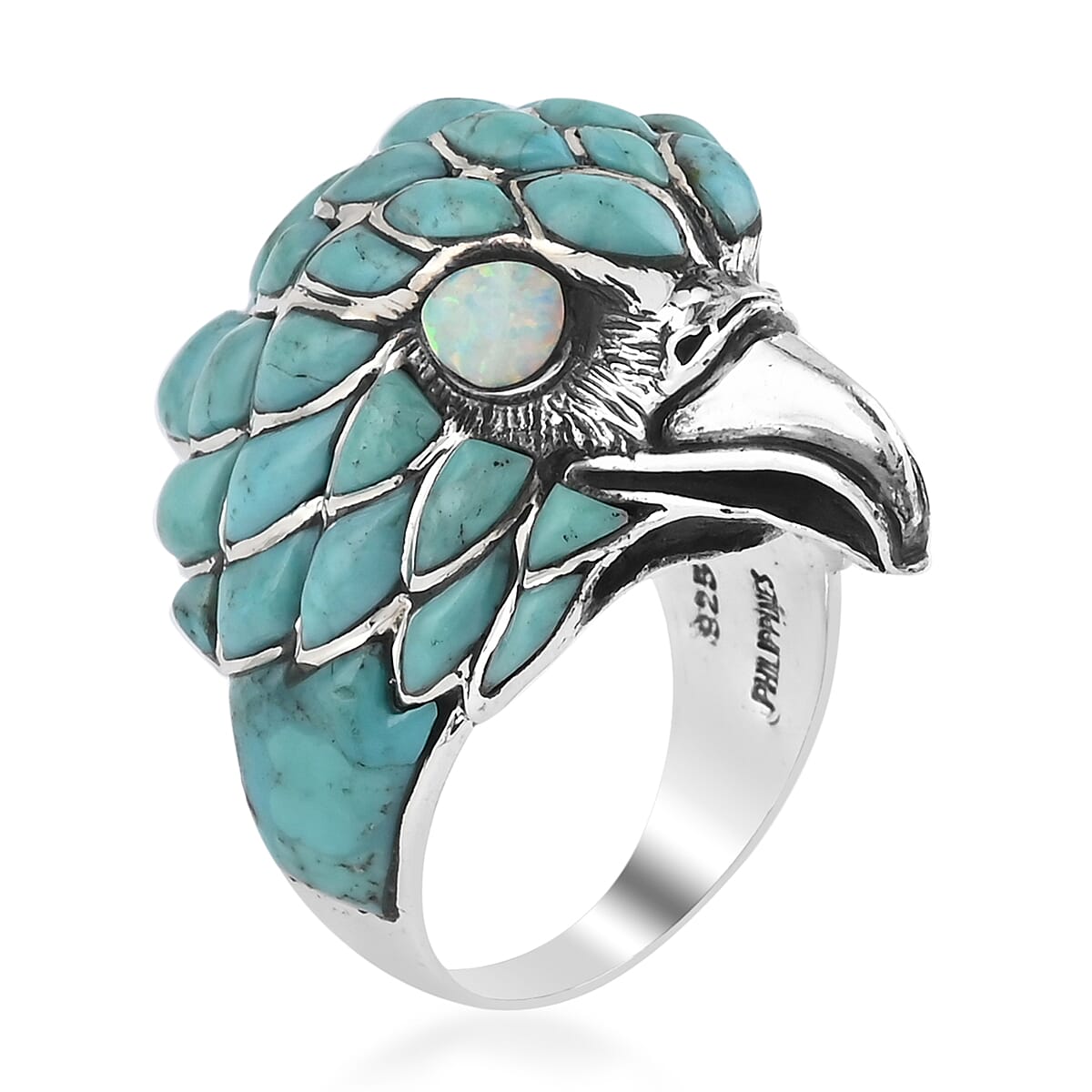 Santa Fe Style Turquoise and Lab Created Opal Men's Ring with Hawk Head in Sterling Silver (Size 13.0) 14.50 Grams 7.00 ctw image number 2