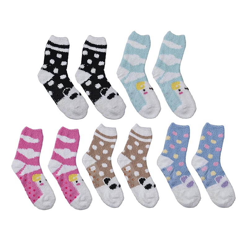 Set of 5 Pair Animal Pattern Jacquard Super Soft & Warm Plush Non-Slip Socks