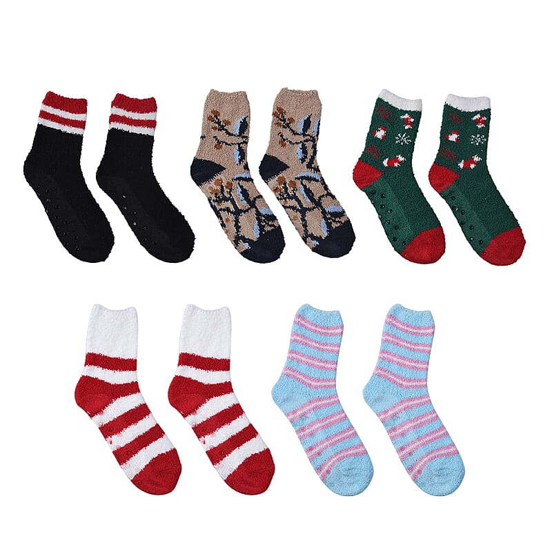 Set of 5 Pair Tree, Santa Claus and Intricate Pattern Jacquard Super Soft & Warm Plush Non-Slip Socks