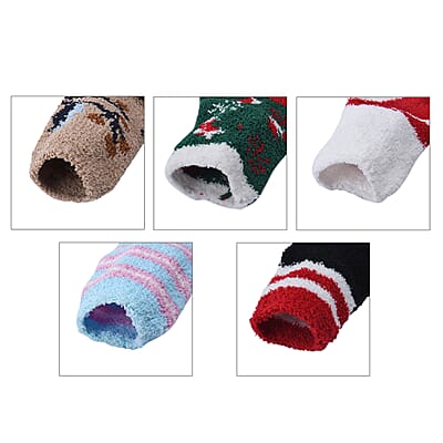 Set of 5 Pair Tree, Santa Claus and Intricate Pattern Jacquard Super Soft & Warm Plush Non-Slip Socks