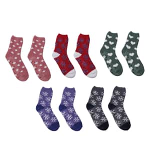 Set of 5 Pair 98% Polyester and 2% Spandex Animal Pattern Jacquard Plush Socks with Anti-slip Rubber (5.9"x6.69")