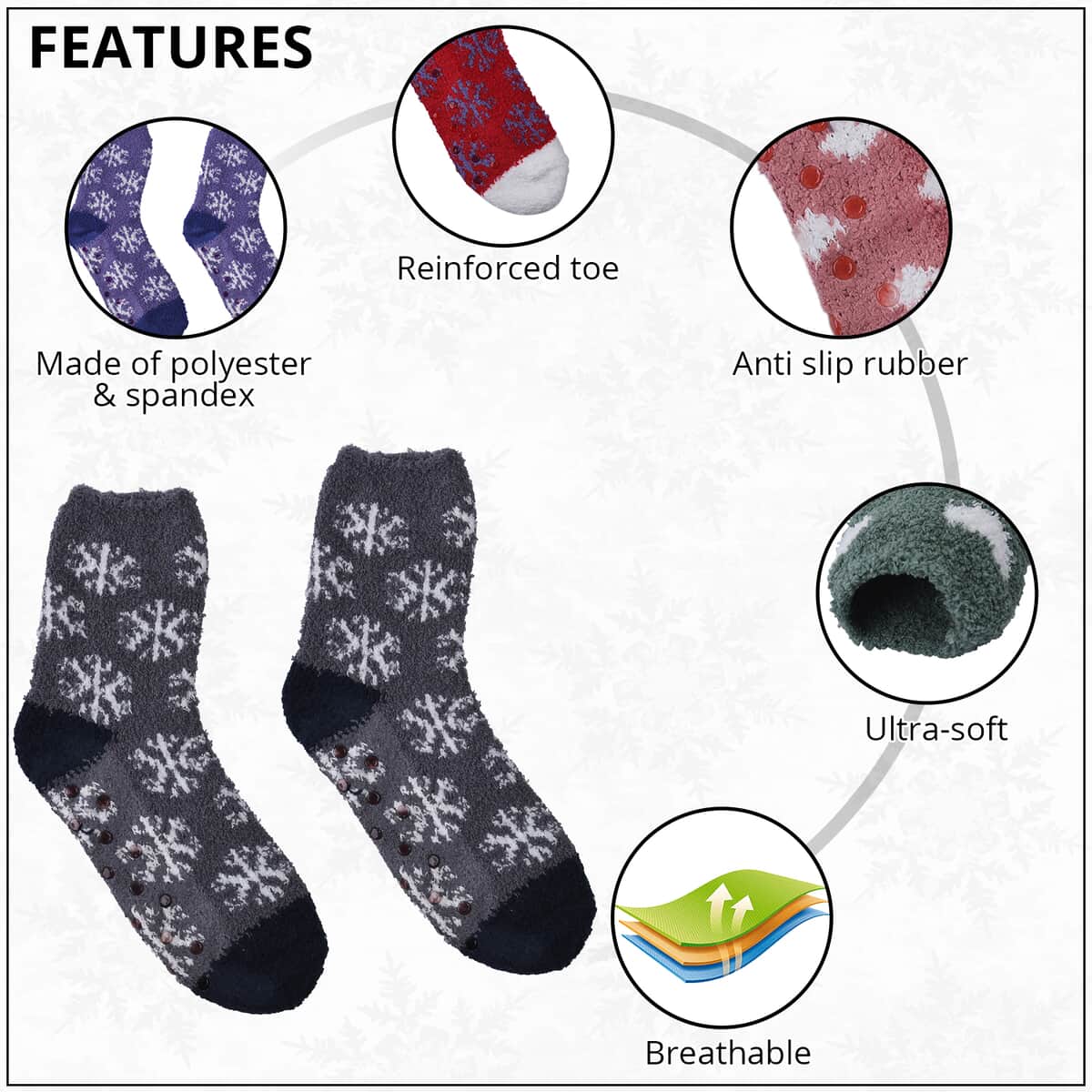 Set of 5 Pair Snowflake, Polka and Love Heart Pattern Jacquard Super Soft & Warm Plush Non-Slip Socks image number 1